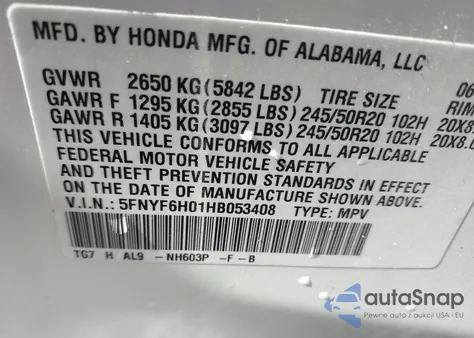 2017 Honda Pilot Elite из США, поврежденный, VIN 5FNYF6H01HB053408